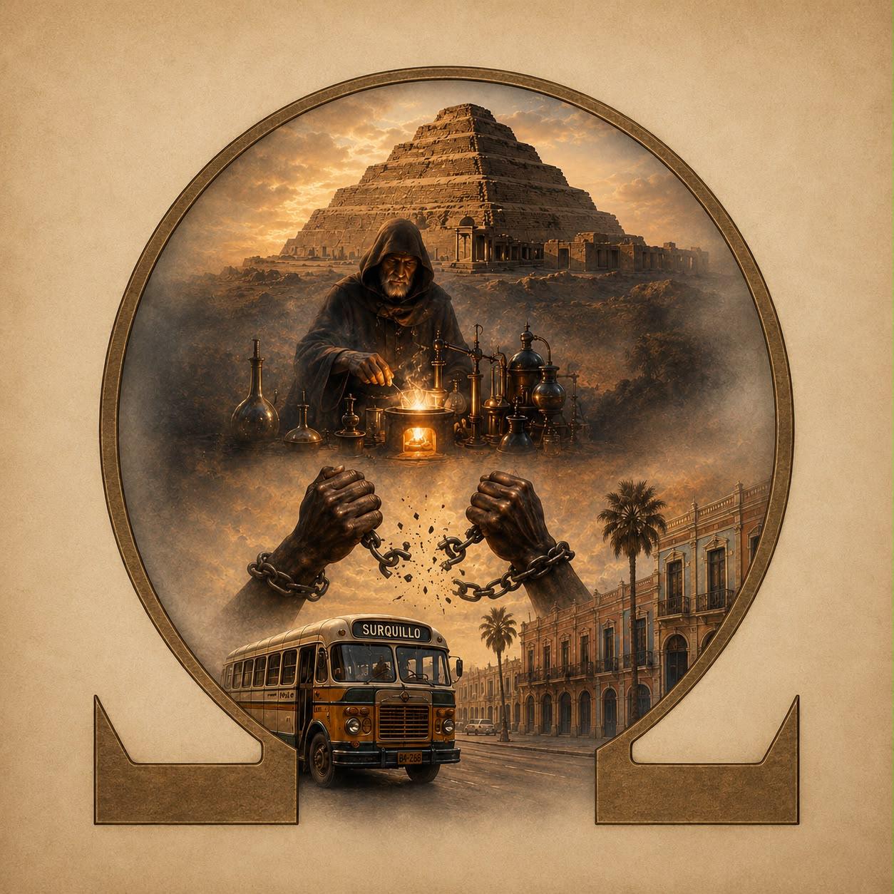 Ilustración sepia en marco dorado: un alquimista junto a su alambique, una pirámide escalonada, unas manos rompiendo cadenas y un antiguo autobús de Surquillo en una calle colonial.